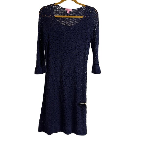 Lilly Pulitzer Shauna Tunic Crochet Shift Dress Swim Cover Up S Navy Blue - Picture 1 of 7